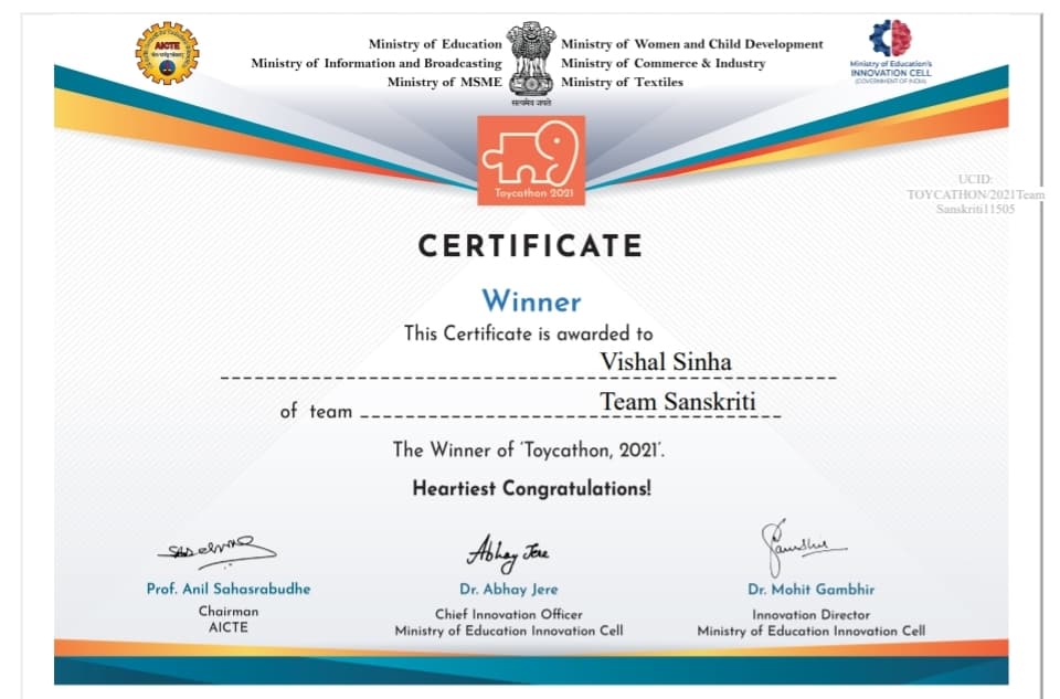 Toycathon 2021 Winner Certificate — Vishal Sinha, Team Sanskriti